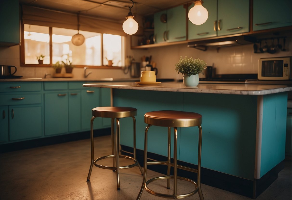 Vintage metal bar stools in a cozy mobile home kitchen, with retro decor and warm lighting