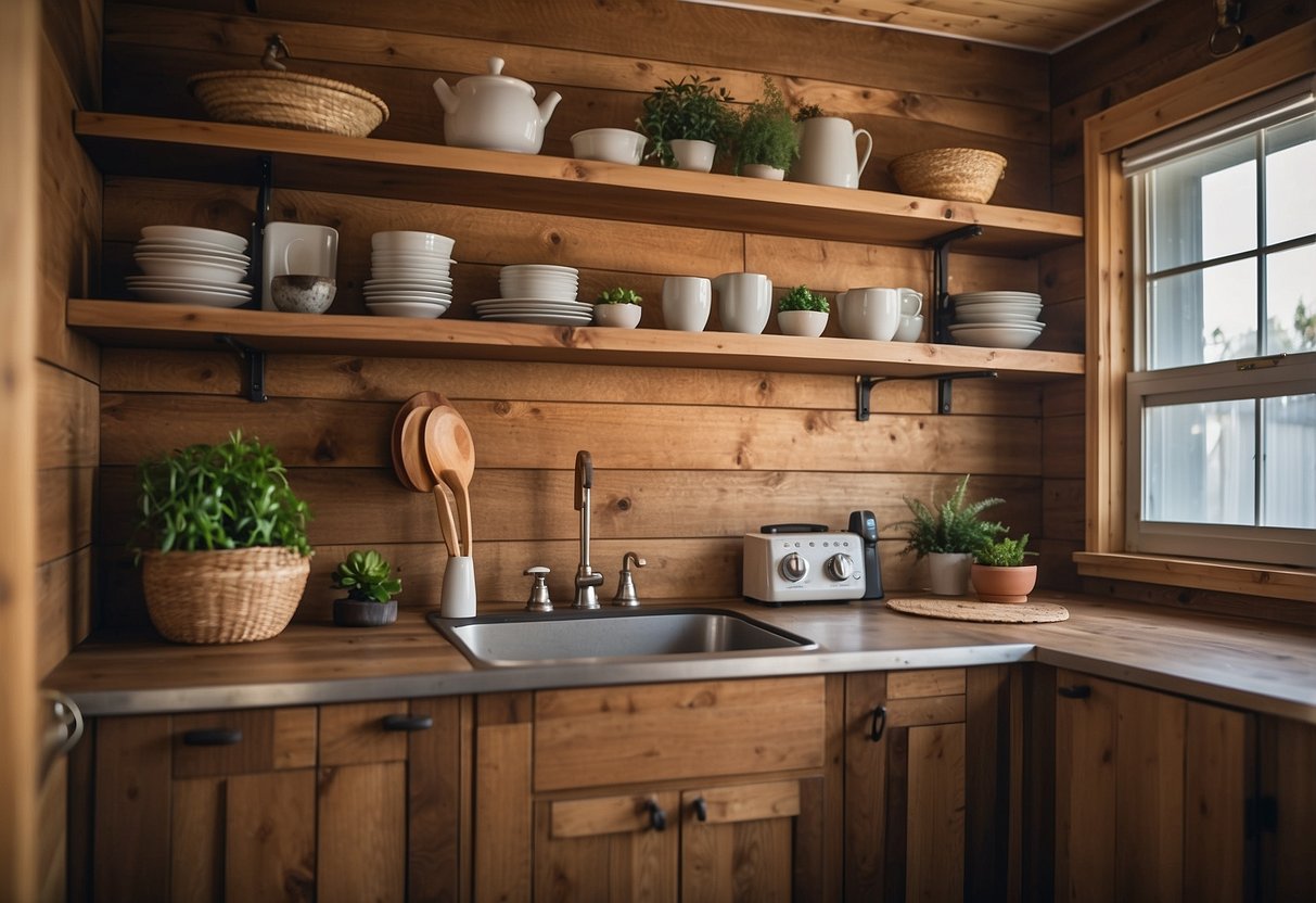 Rustic wood floating shelves adorn the kitchen walls of a cozy mobile home, displaying charming decor and adding warmth to the space