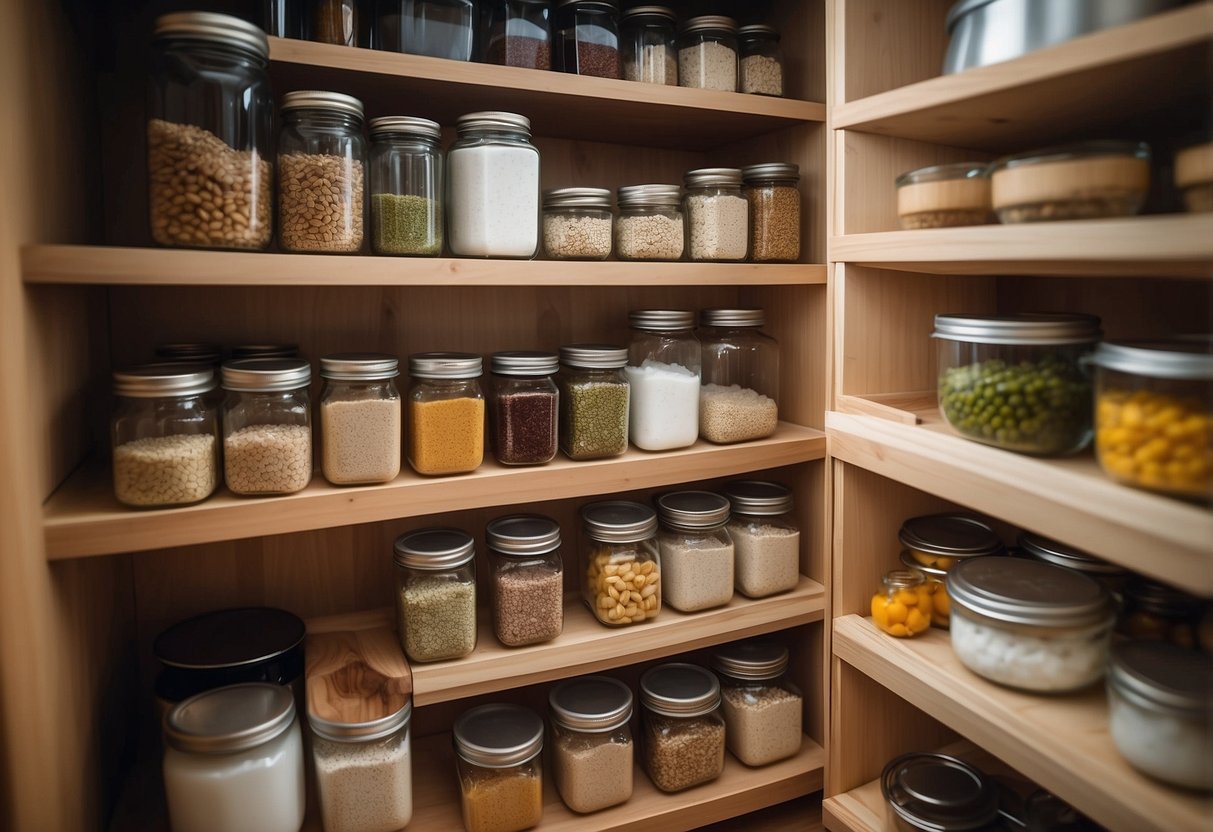 A slide-out pantry organizer is installed in a cozy mobile home kitchen, neatly organizing jars and cans. The decor is modern and space-saving