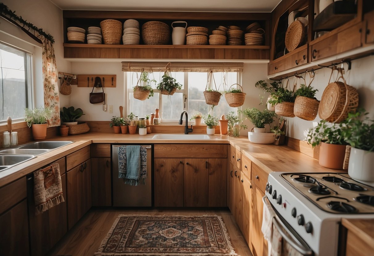 A mobile home kitchen with boho woven hanging baskets as decor