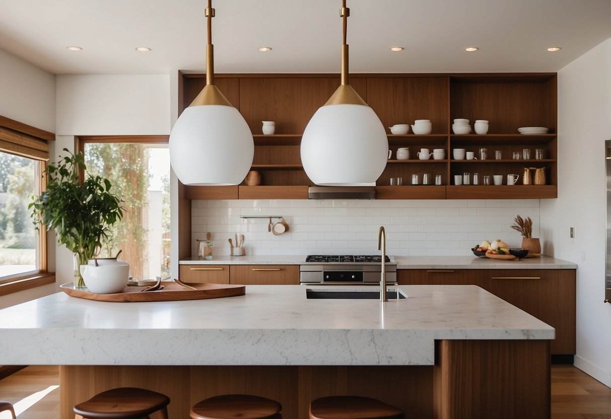 A sleek, open-concept kitchen with Mid-Century Modern pendant lights hanging above a central island. Clean lines, warm wood tones, and minimalist decor create a stylish and inviting space