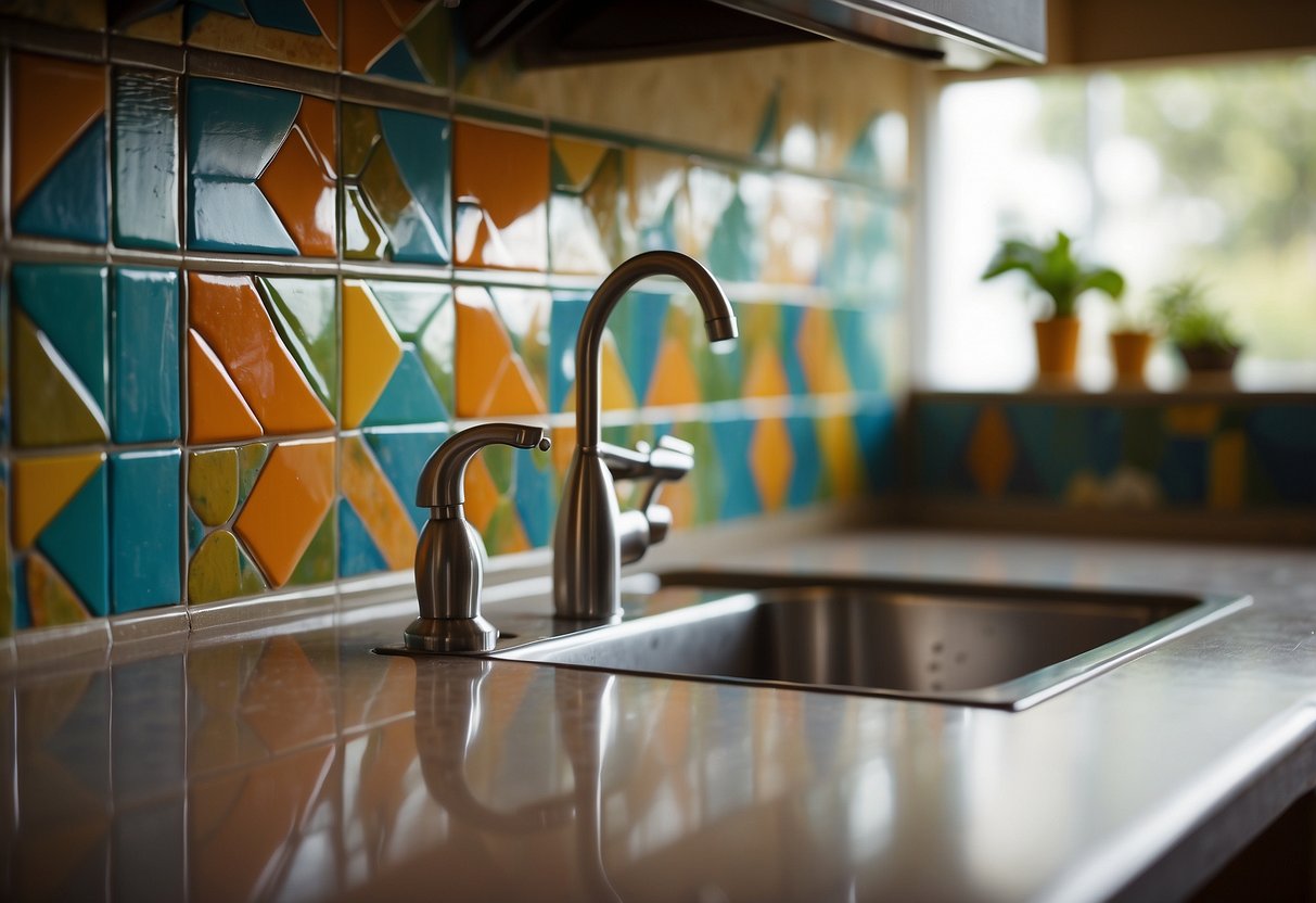 Vibrant ceramic tiles line the kitchen wall, creating a colorful and lively backsplash. The intricate designs and bold colors add a touch of personality to the mobile home kitchen decor