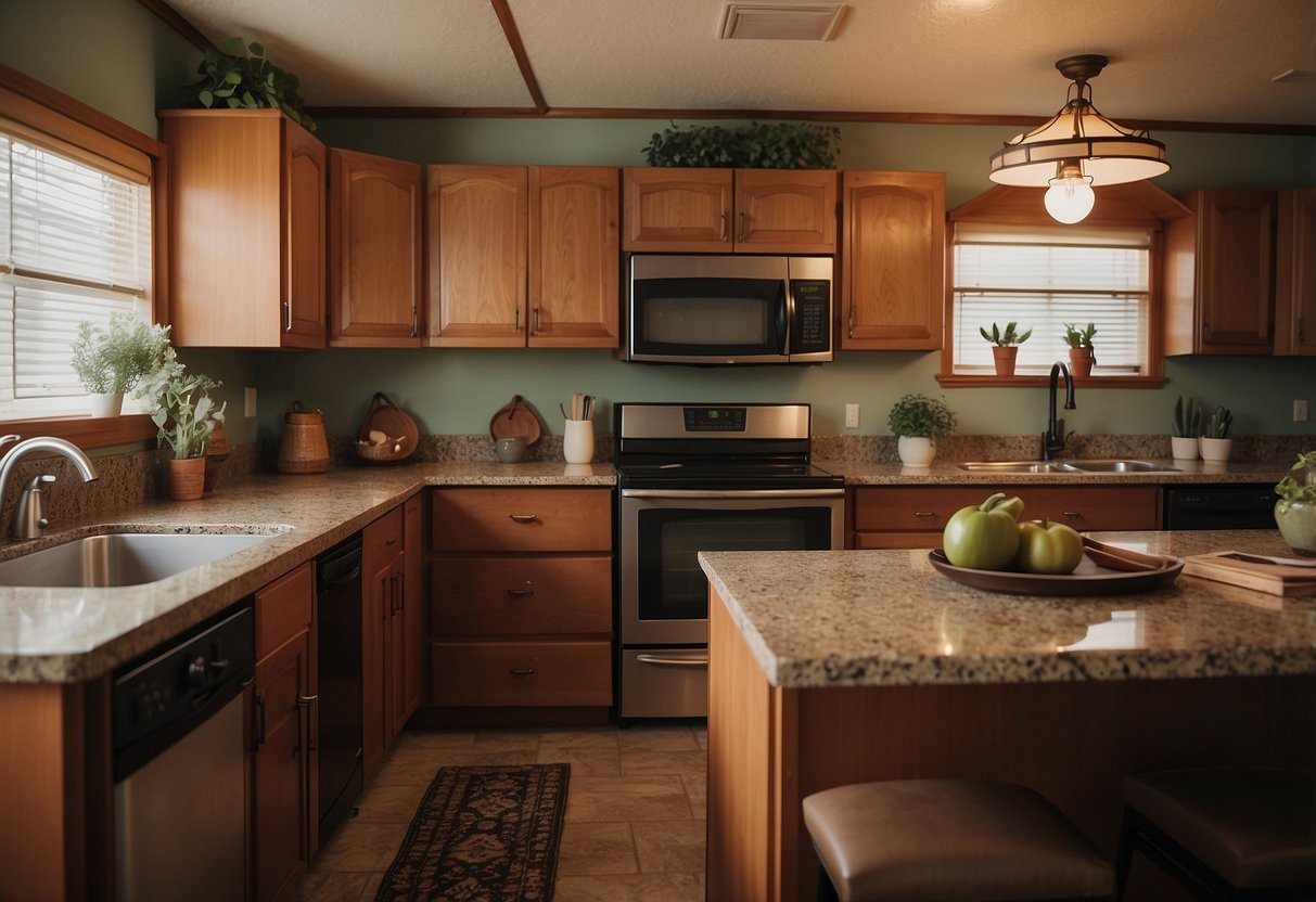 A cozy mobile home kitchen with warm earthy tones, featuring wooden cabinets, a granite countertop, and accents of copper and sage green