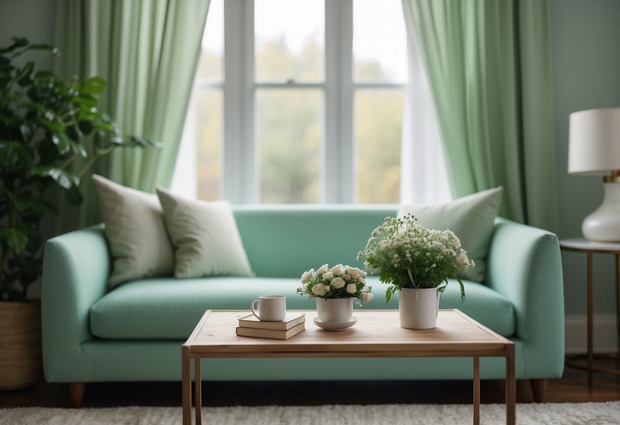 A mint green living room with a cozy sofa, accent pillows, and a rug. A vase of fresh flowers sits on a coffee table, and soft curtains frame the windows