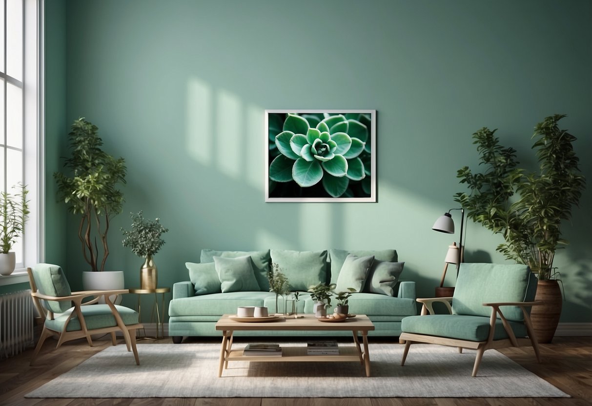 A mint green wall adorned with art print, surrounded by mint green home decor items