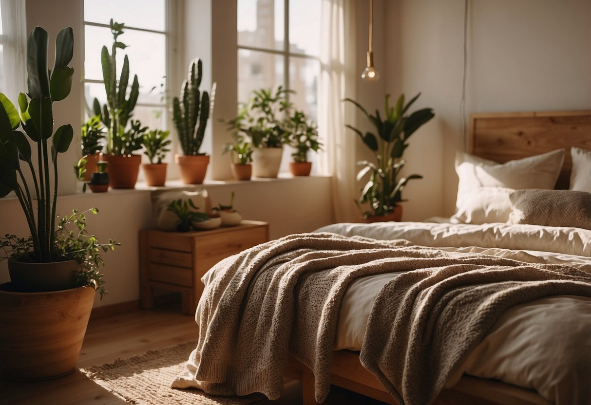 A sunlit bedroom with wooden furniture, potted plants, and earthy tones. Cozy blankets and soft textiles add warmth to the space