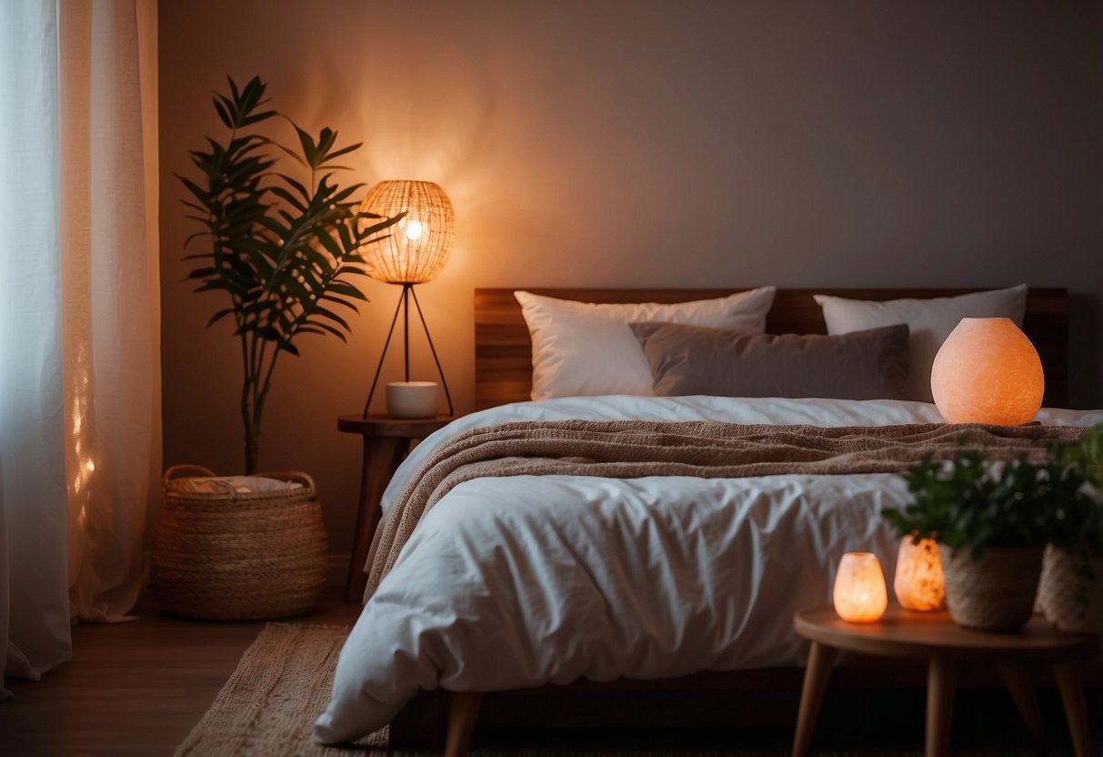 A cozy bedroom with a Himalayan salt lamp casting a warm, soothing glow on a bedside table, surrounded by natural decor elements like plants and wooden furniture