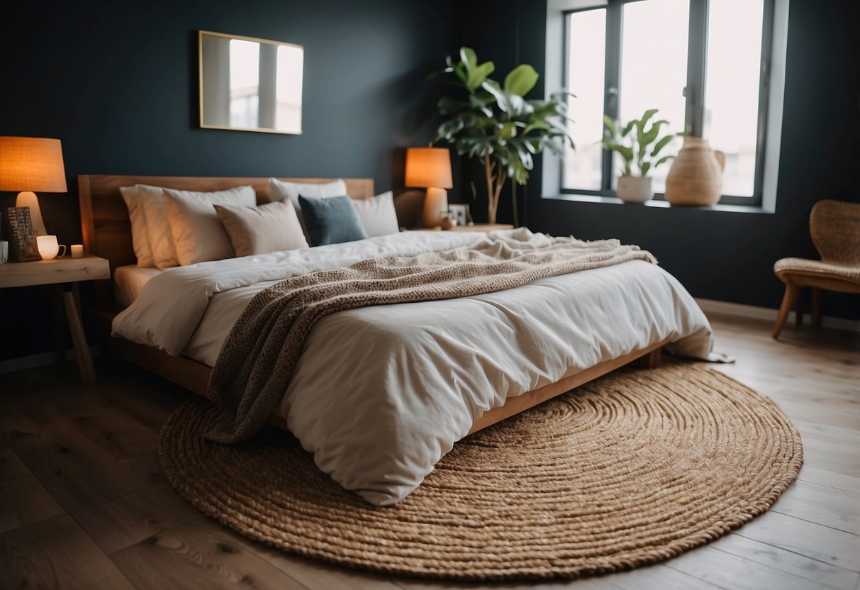 A cozy bedroom with a jute rug, soft lighting, and natural decor accents