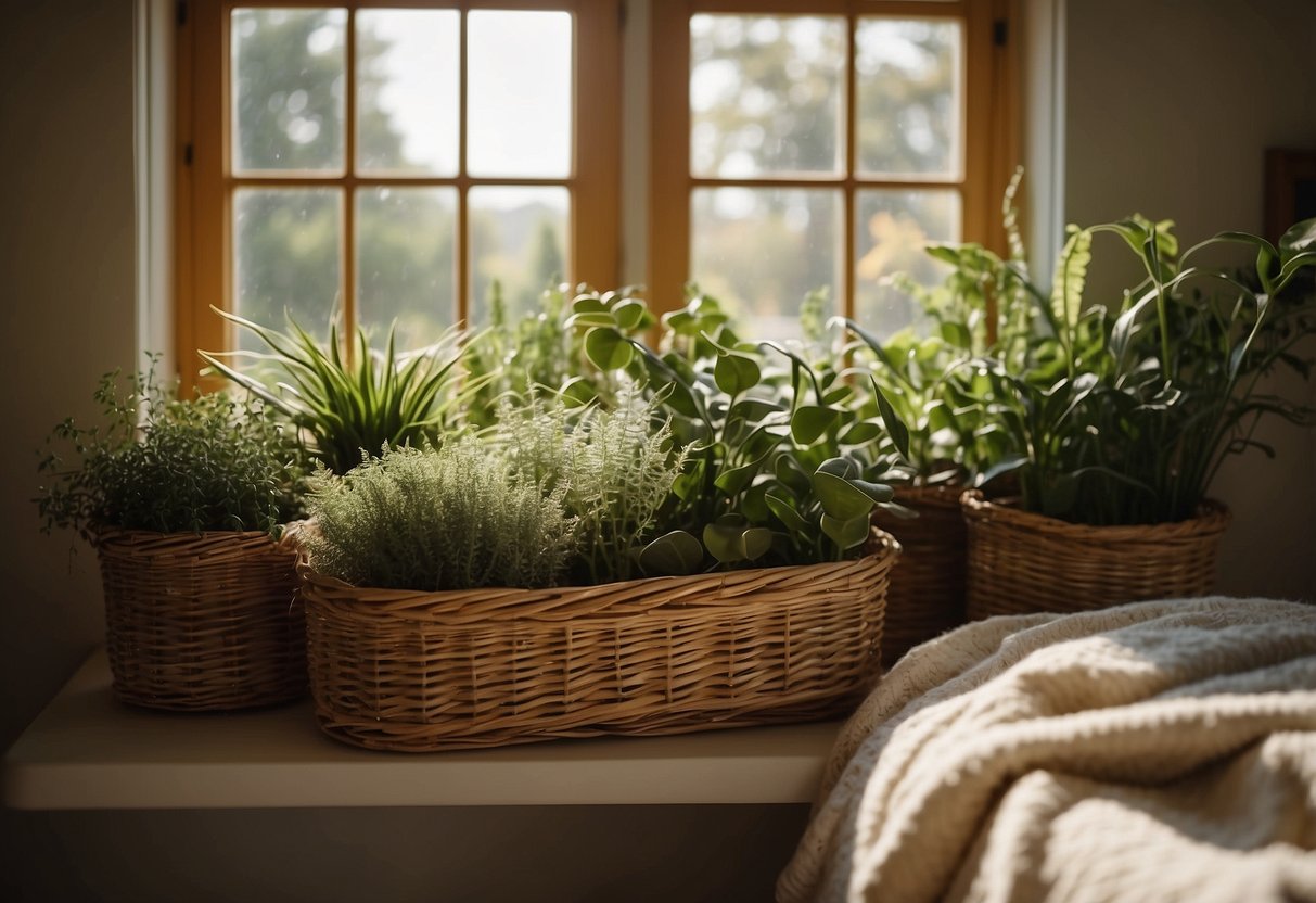 Wicker baskets filled with plants and blankets adorn a cozy bedroom. Sunlight filters through the window, casting a warm glow on the natural decor