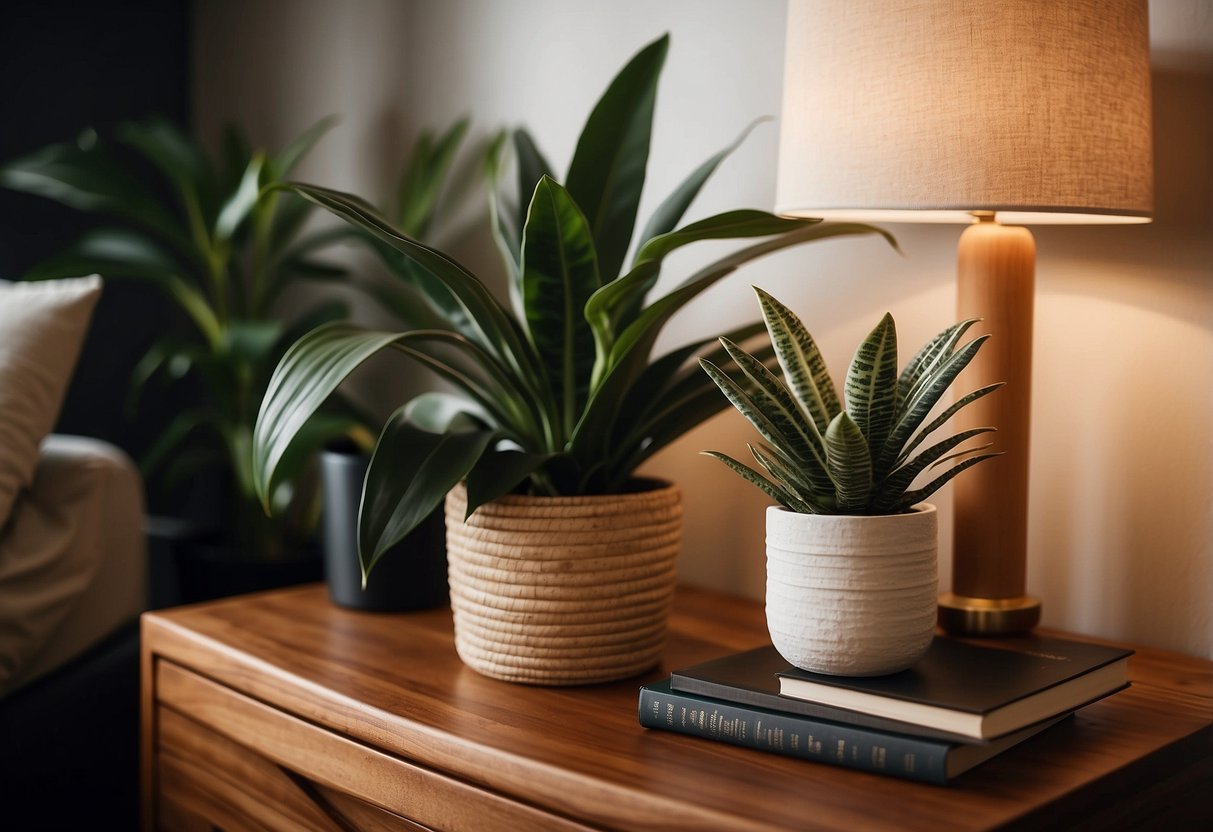 A cozy bedroom with a potted snake plant on a wooden nightstand, soft natural lighting, and earthy tones in the decor