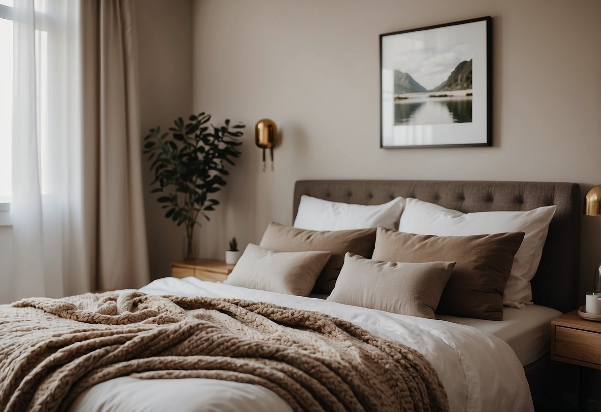 A cozy bedroom with a natural color palette, adorned with a cotton throw pillow on a neatly made bed