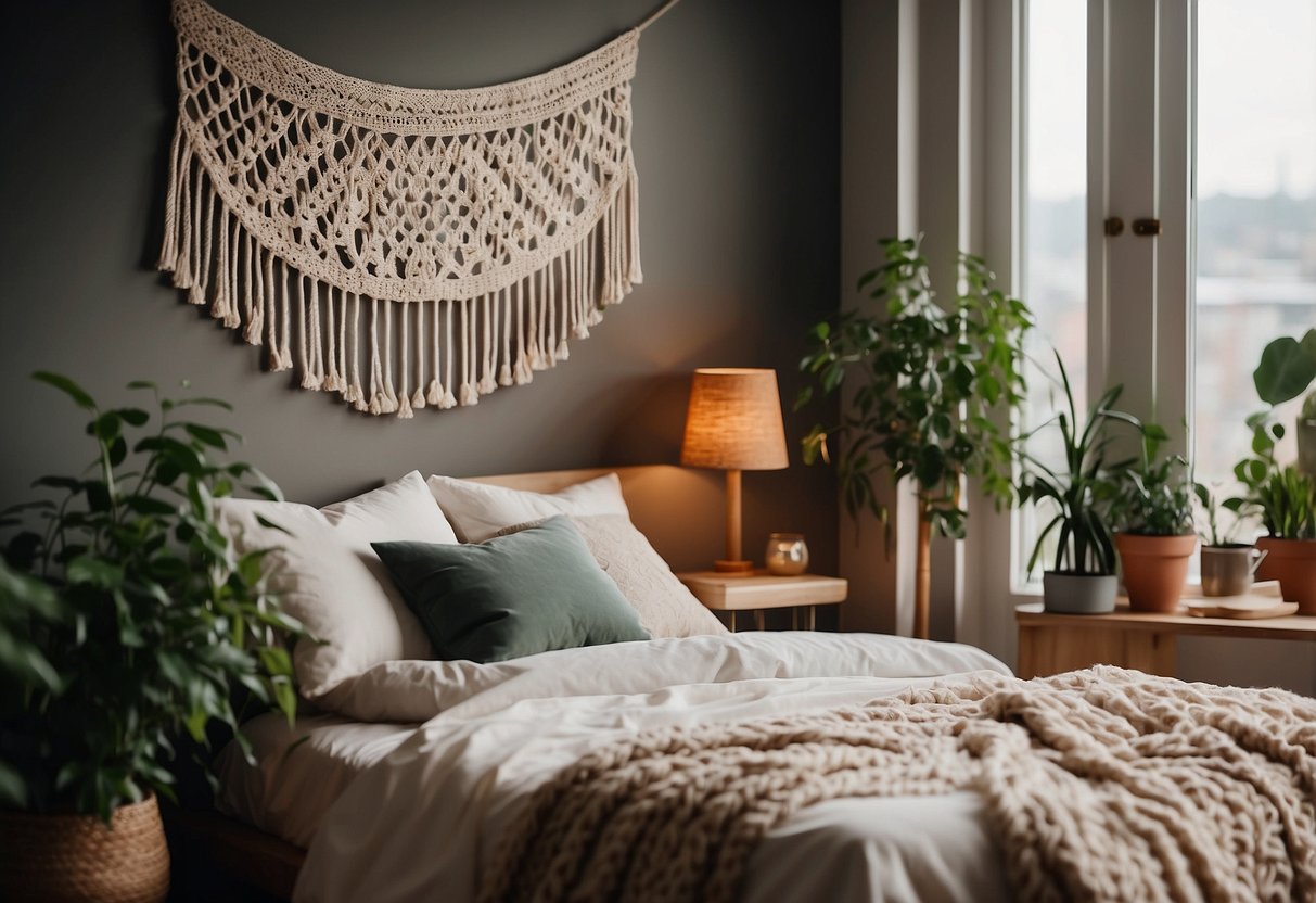 A cozy bedroom with a macrame wall hanging, soft natural lighting, and potted plants