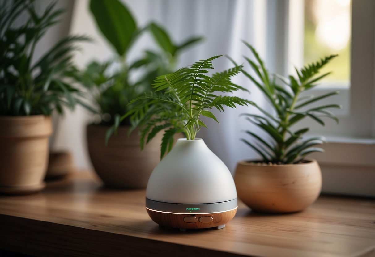 A cedarwood essential oil diffuser sits on a wooden bedside table, surrounded by green plants and soft, natural lighting in a cozy bedroom