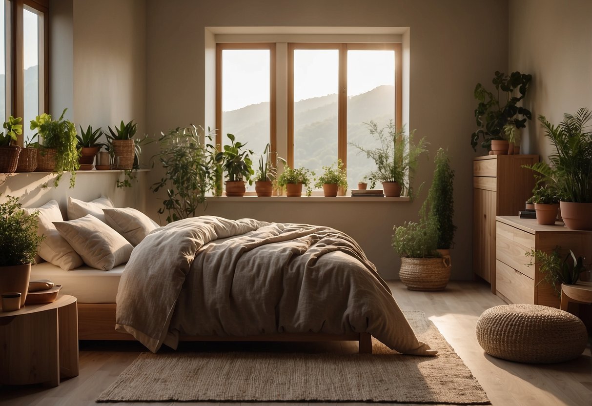 A cozy bedroom with earthy tones, wooden furniture, and natural textiles. Plants and soft lighting create a serene atmosphere