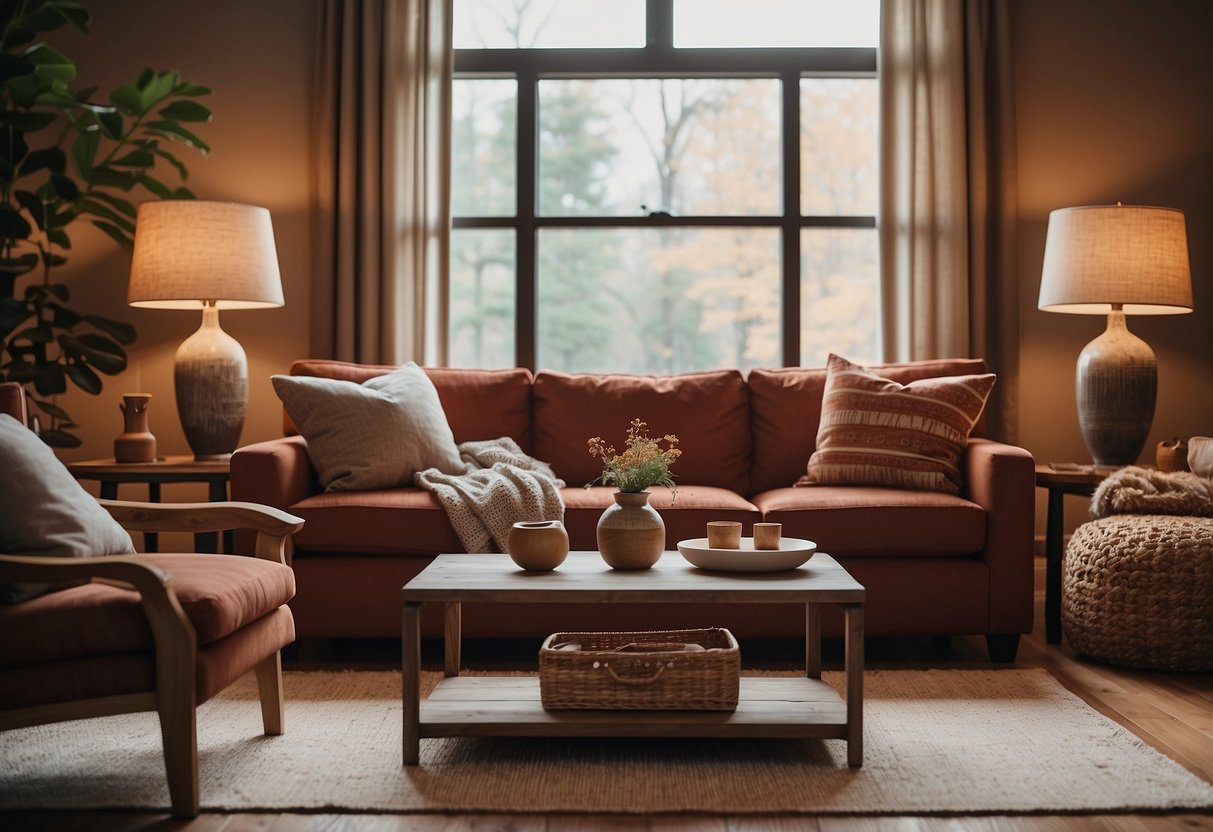 A cozy living room with red and brown furniture, warm lighting, and earthy accents