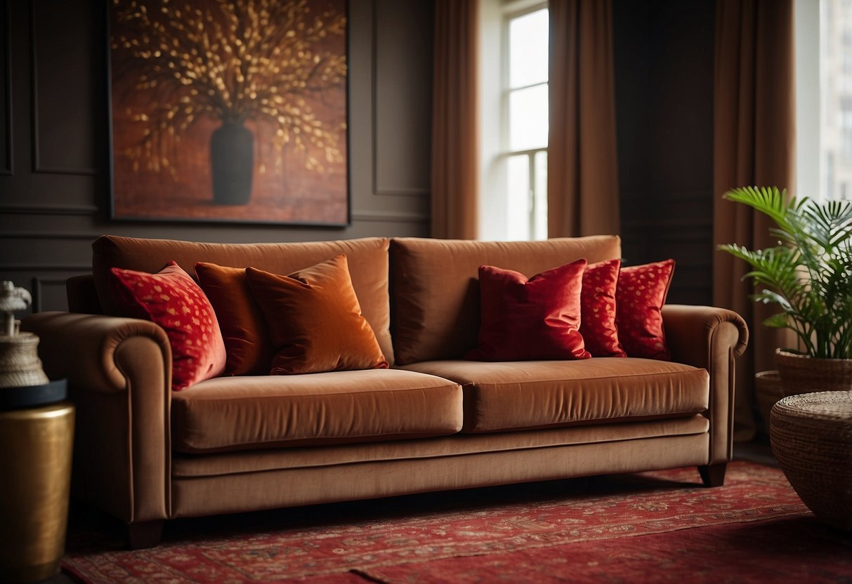 Red velvet cushions on a brown sofa, surrounded by red and brown decor