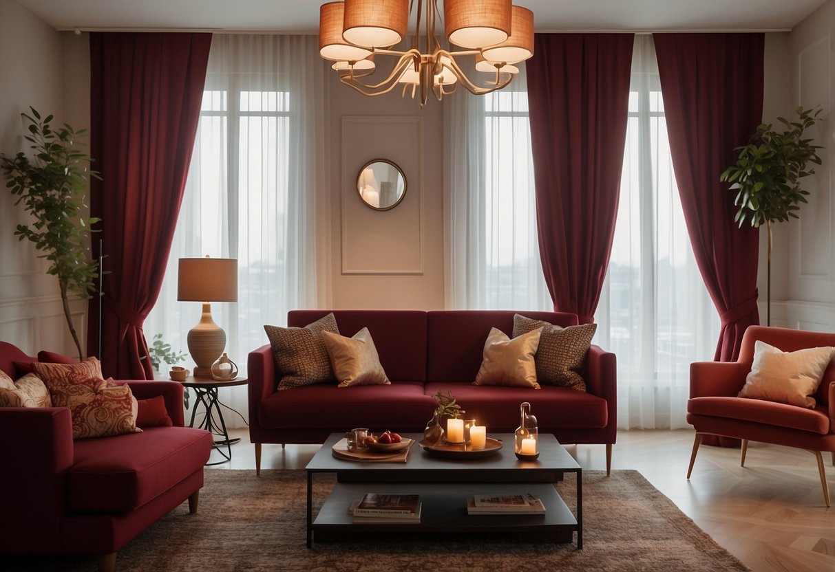 A cozy living room with cranberry curtains, accented by red and brown decor. A plush sofa and warm lighting complete the inviting atmosphere