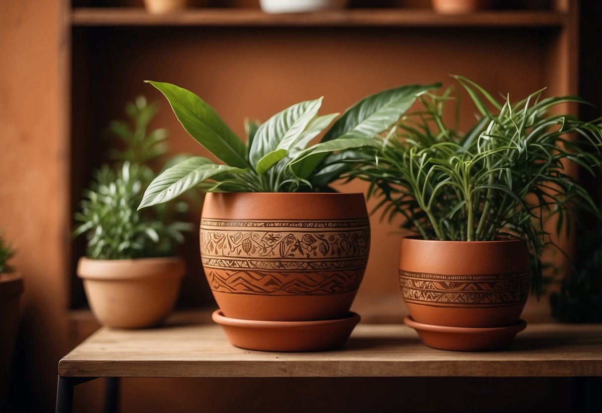 A terracotta pot sits on a wooden shelf, surrounded by green plants and warm-toned decor. The pot is adorned with intricate red and brown designs, adding a touch of earthy elegance to the space