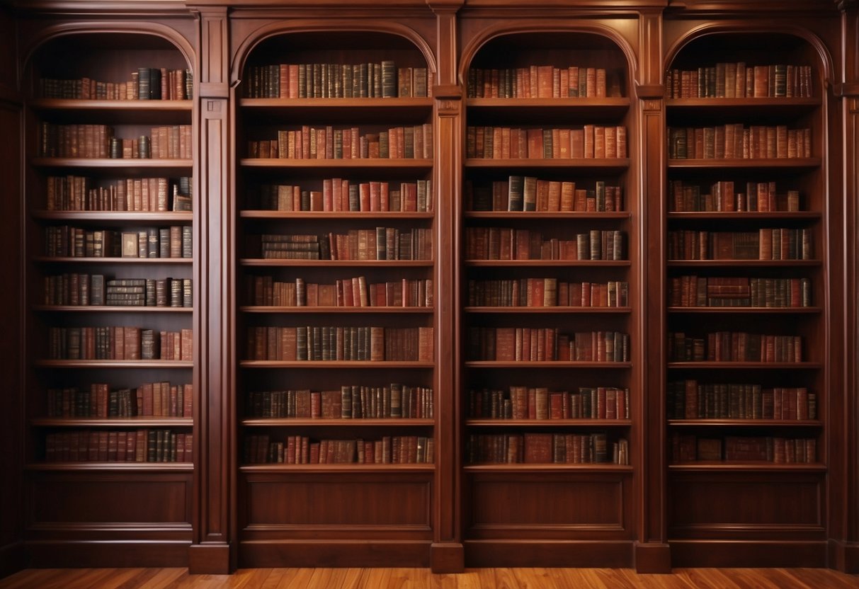 Rich cherry wood bookshelves adorned with red and brown decor