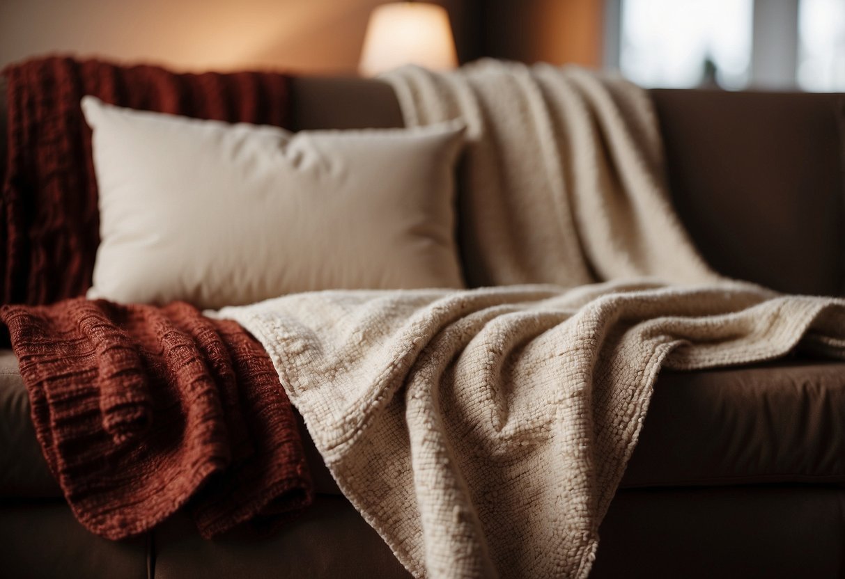 Two beige and brown throw blankets draped over a cozy sofa, surrounded by red and brown decor accents