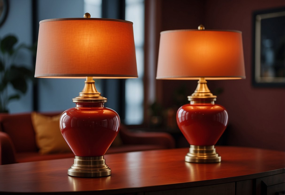 Two scarlet table lamps illuminate a room with red and brown decor, casting a warm and inviting glow