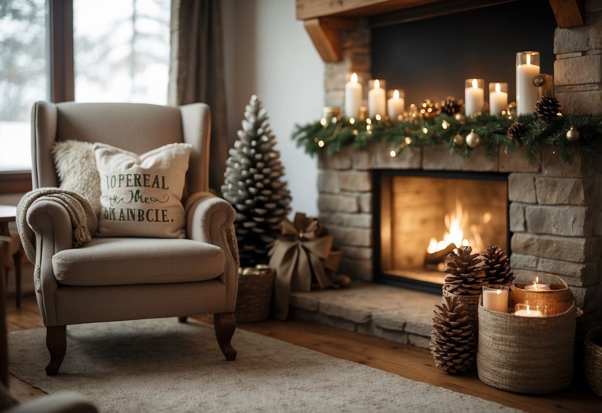 A cozy living room with a crackling fireplace, adorned with rustic Christmas decorations such as pinecones, burlap stockings, and a vintage wooden sled