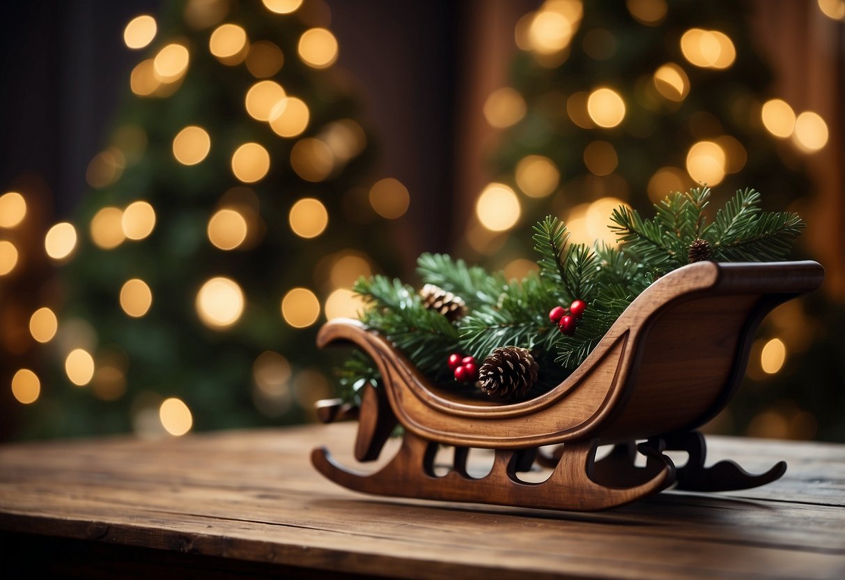 A vintage wooden sleigh sits atop a rustic table, adorned with festive greenery and twinkling lights, serving as a charming centerpiece for a cozy Christmas home decor setting