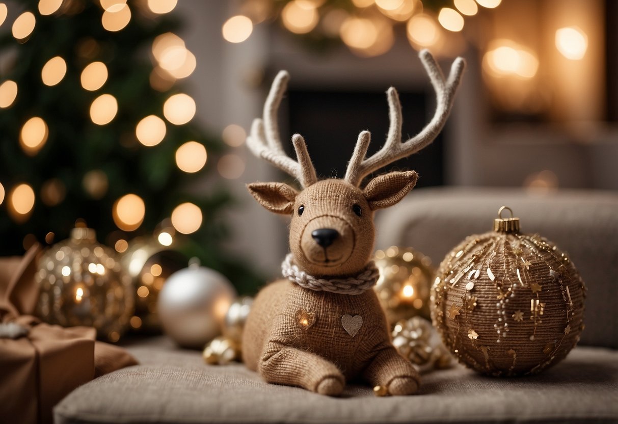 A cozy living room adorned with burlap reindeer ornaments, creating a rustic and festive Christmas ambiance