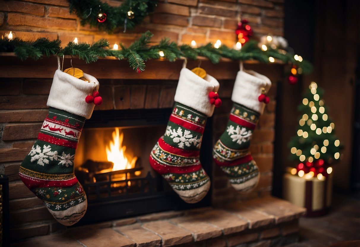 Rustic Christmas stockings hang by the fireplace, hand-stitched with care. Cozy home decor for the holidays