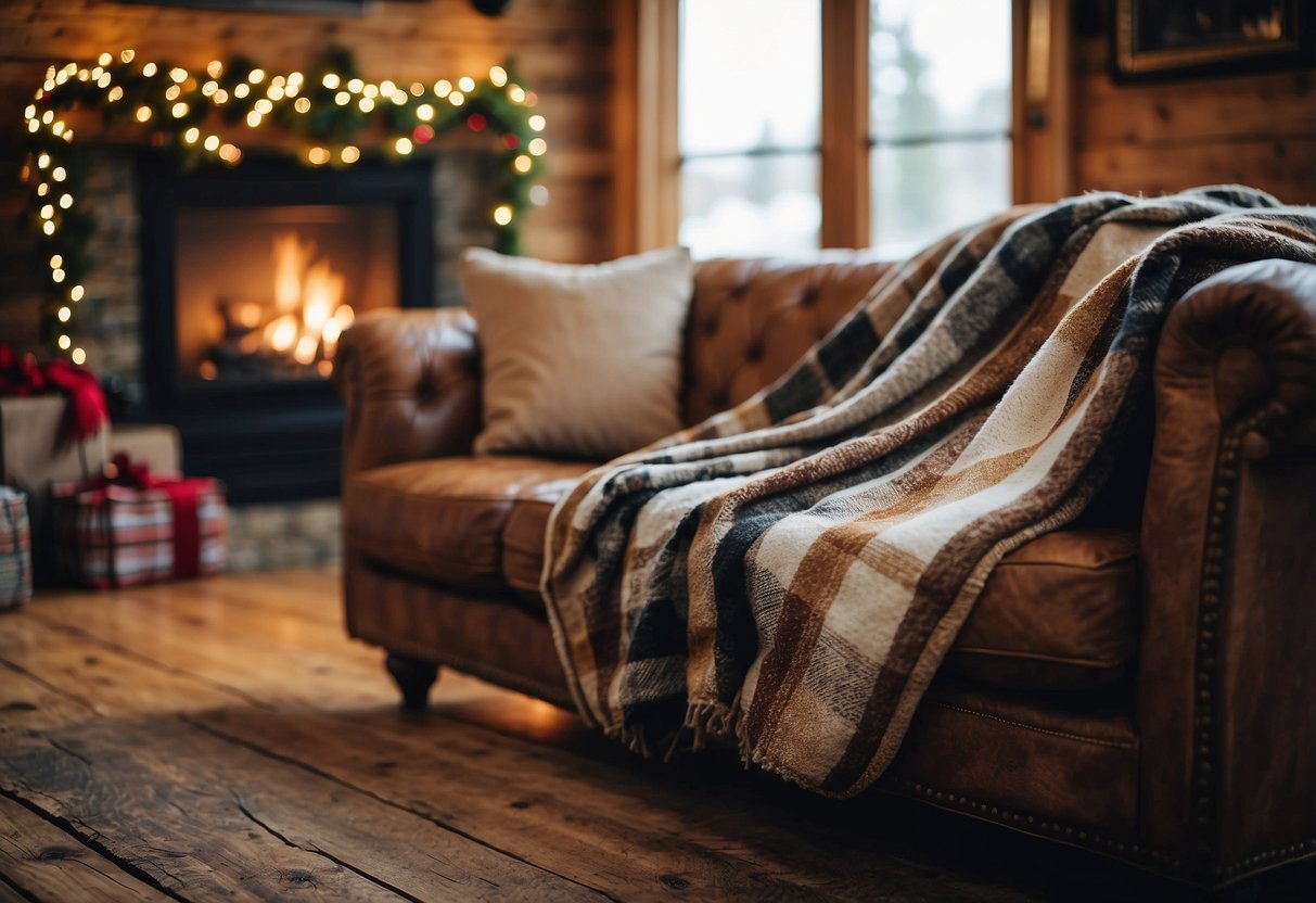 A cozy living room with plaid throw blankets draped over a rustic wooden couch, surrounded by festive Christmas decorations