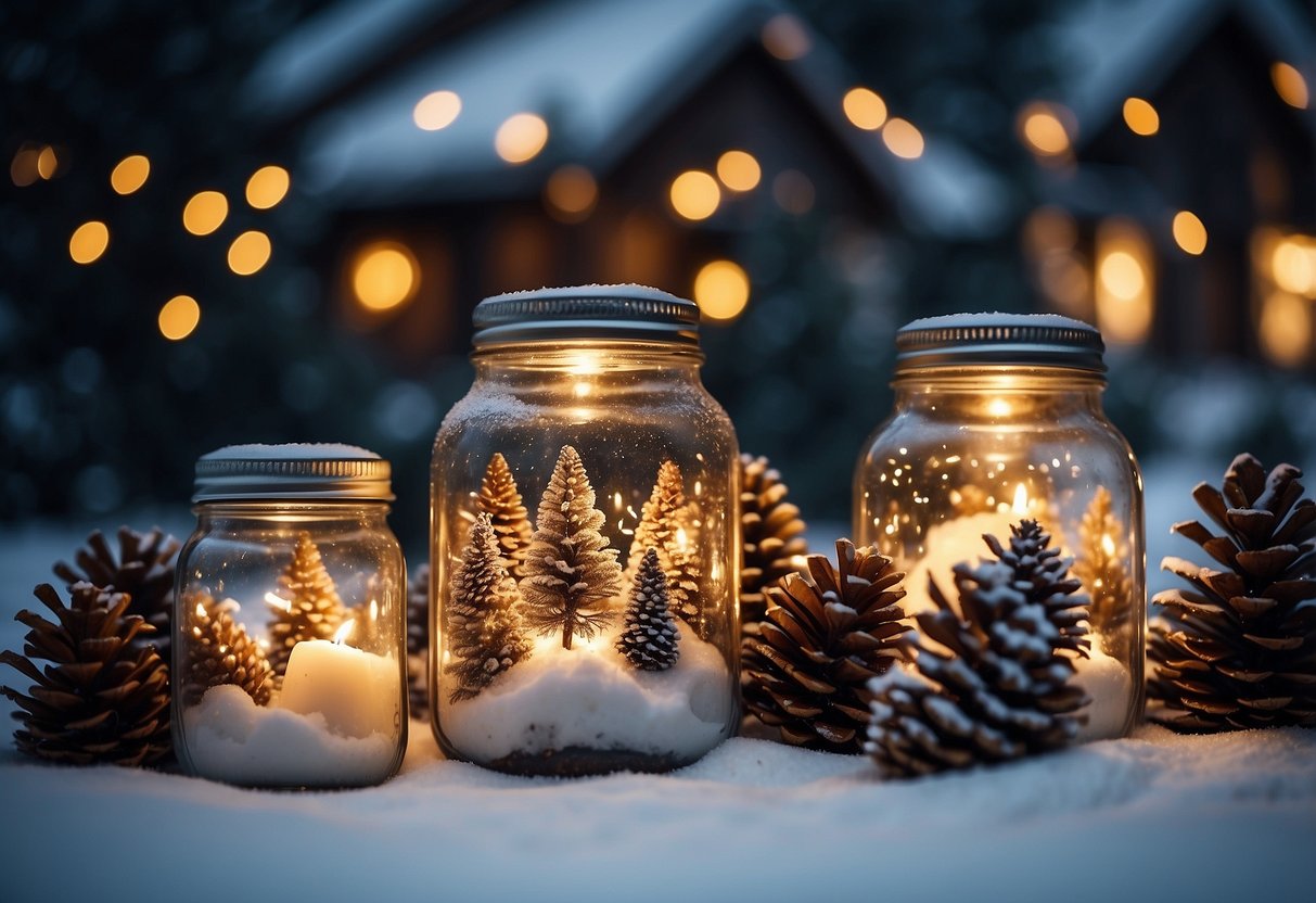 A cozy winter scene with mason jar snow globes nestled among pinecones and twinkling lights, creating a rustic Christmas ambiance