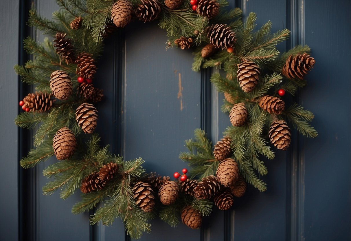 A rustic wreath made of pine cones and berries hangs on a wooden door, with soft lighting and a cozy atmosphere