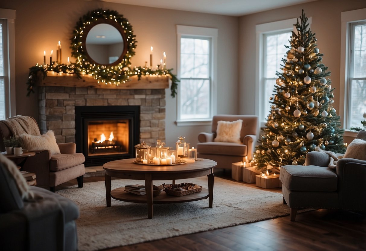 A cozy living room with a fireplace, adorned with twinkling star string lights, and rustic Christmas decorations