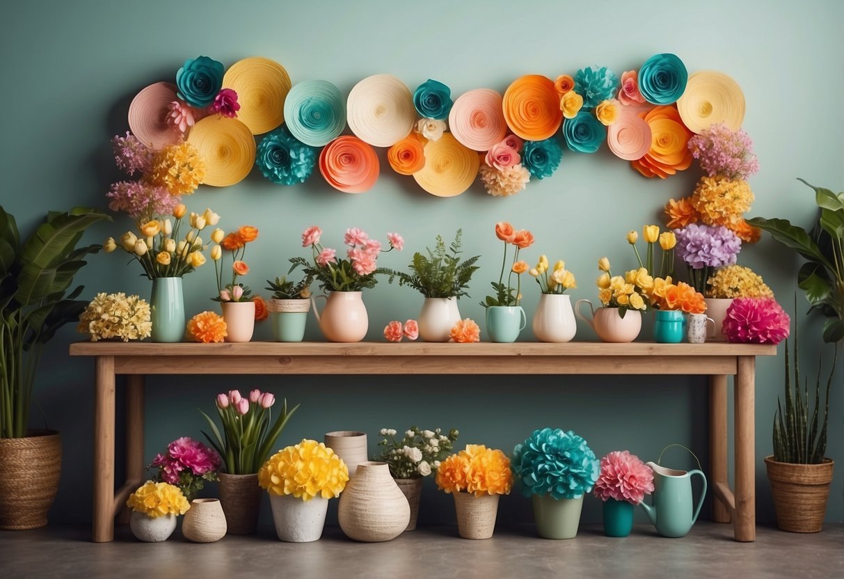 A table with potted plants, floral wreaths, and colorful vases. A wall adorned with handmade paper flowers and a DIY spring-themed banner