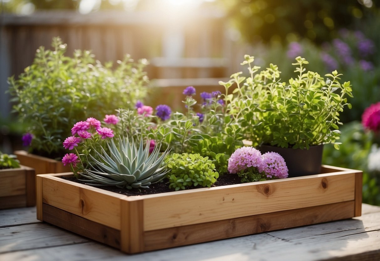 A sunny backyard with wooden planters filled with fresh herbs, surrounded by colorful flowers and greenery. The DIY herb garden is a vibrant and inviting spring home decor idea