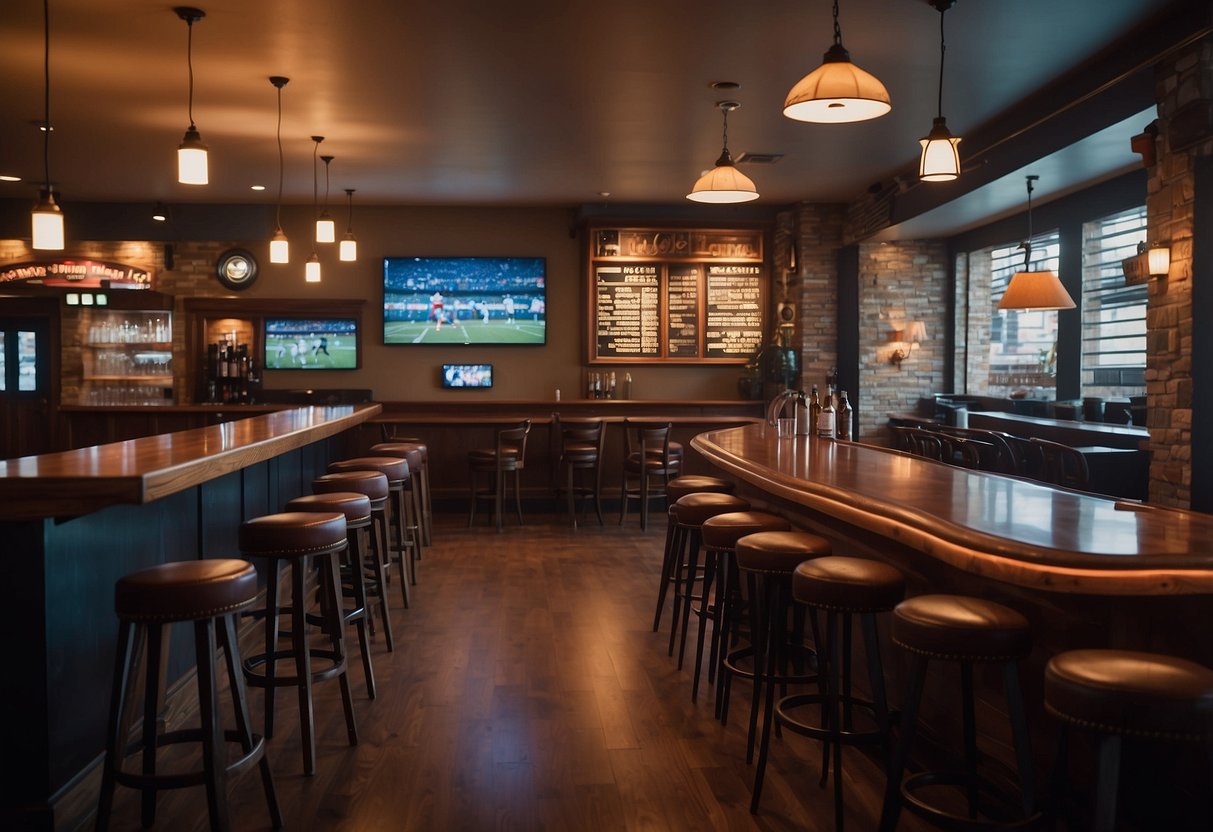 A sports bar with a wall lined with vintage sports memorabilia, a large screen TV playing a game, and a row of bar stools facing the action