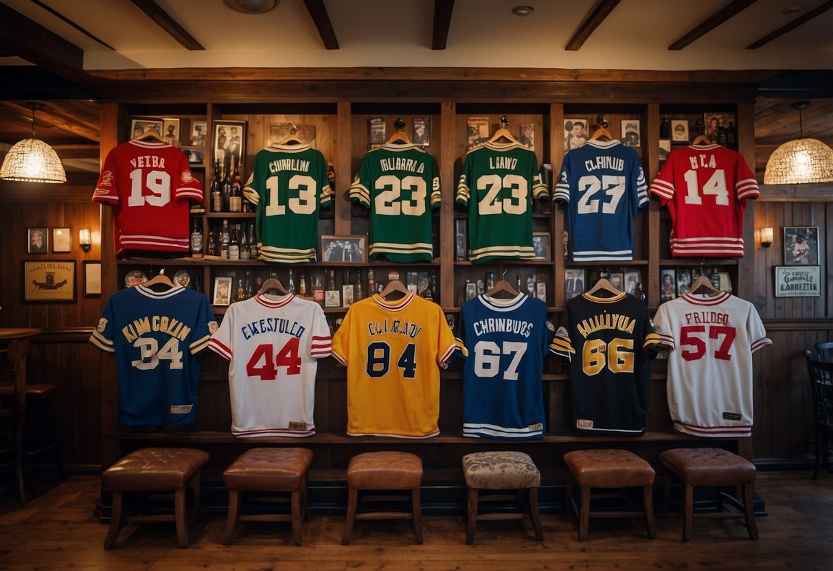 A wall adorned with vintage sports jerseys, framed autographed photos, and old sports equipment. A bar with barstools, a beer tap, and memorabilia display shelves