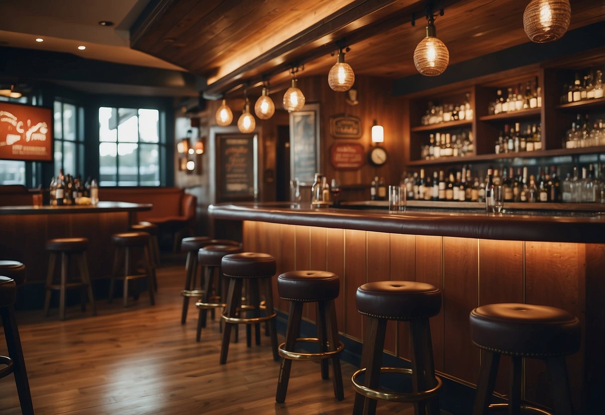 Cozy leather bar stools arranged around a wooden bar, with sports memorabilia decorating the walls