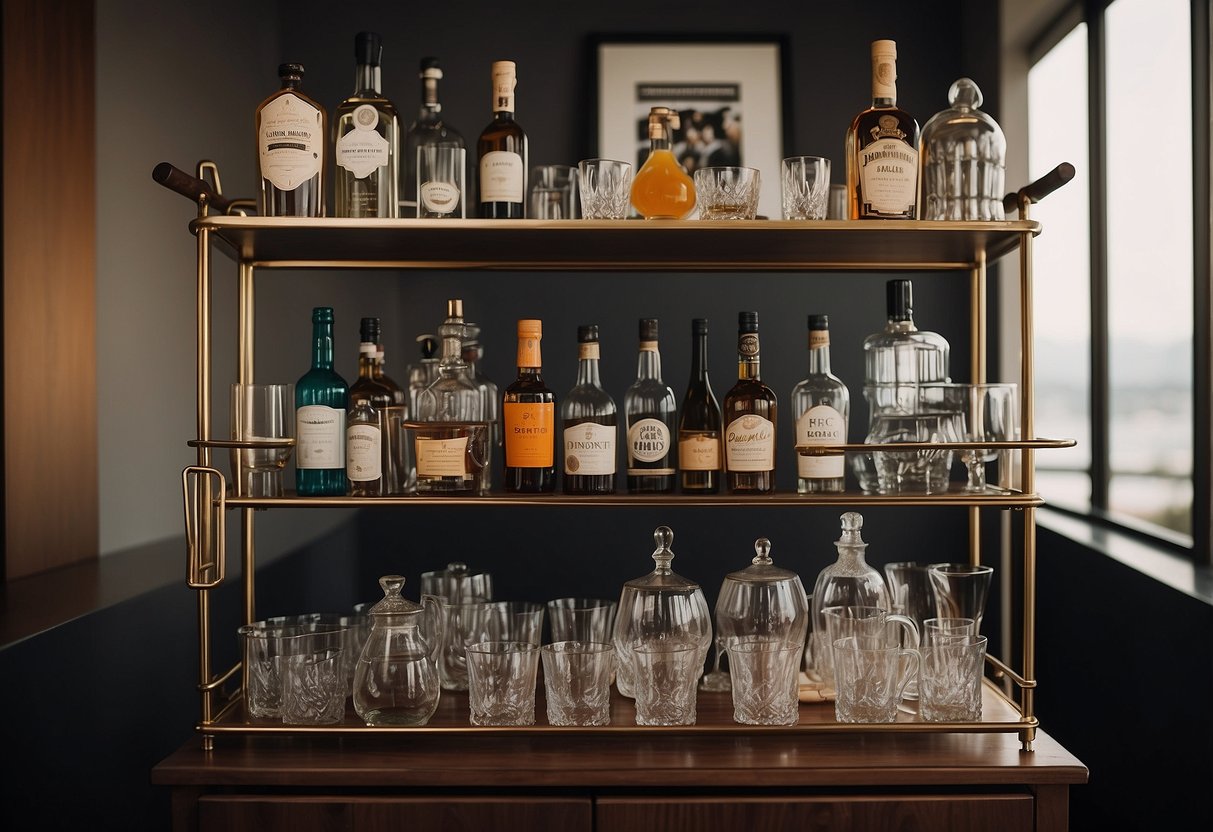 A sleek, modern bar cart sits on a wooden shelf, adorned with sports memorabilia and a collection of vintage glassware