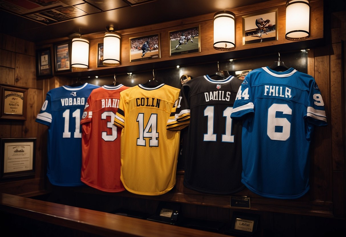 Framed sports jerseys hang on the walls of a home sports bar, creating a dynamic and energetic decor