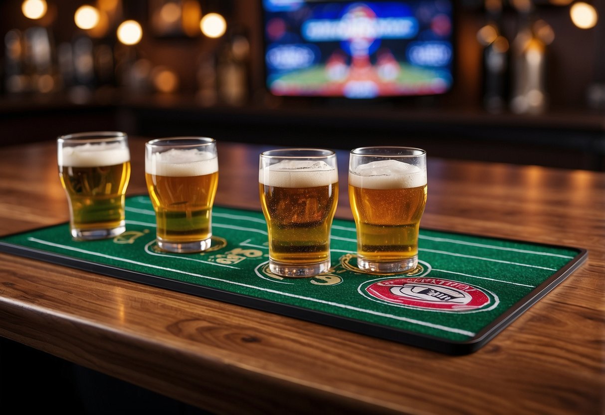 A custom bar mat with sports-themed design on a wooden countertop, surrounded by beer glasses and a wall-mounted TV playing a game