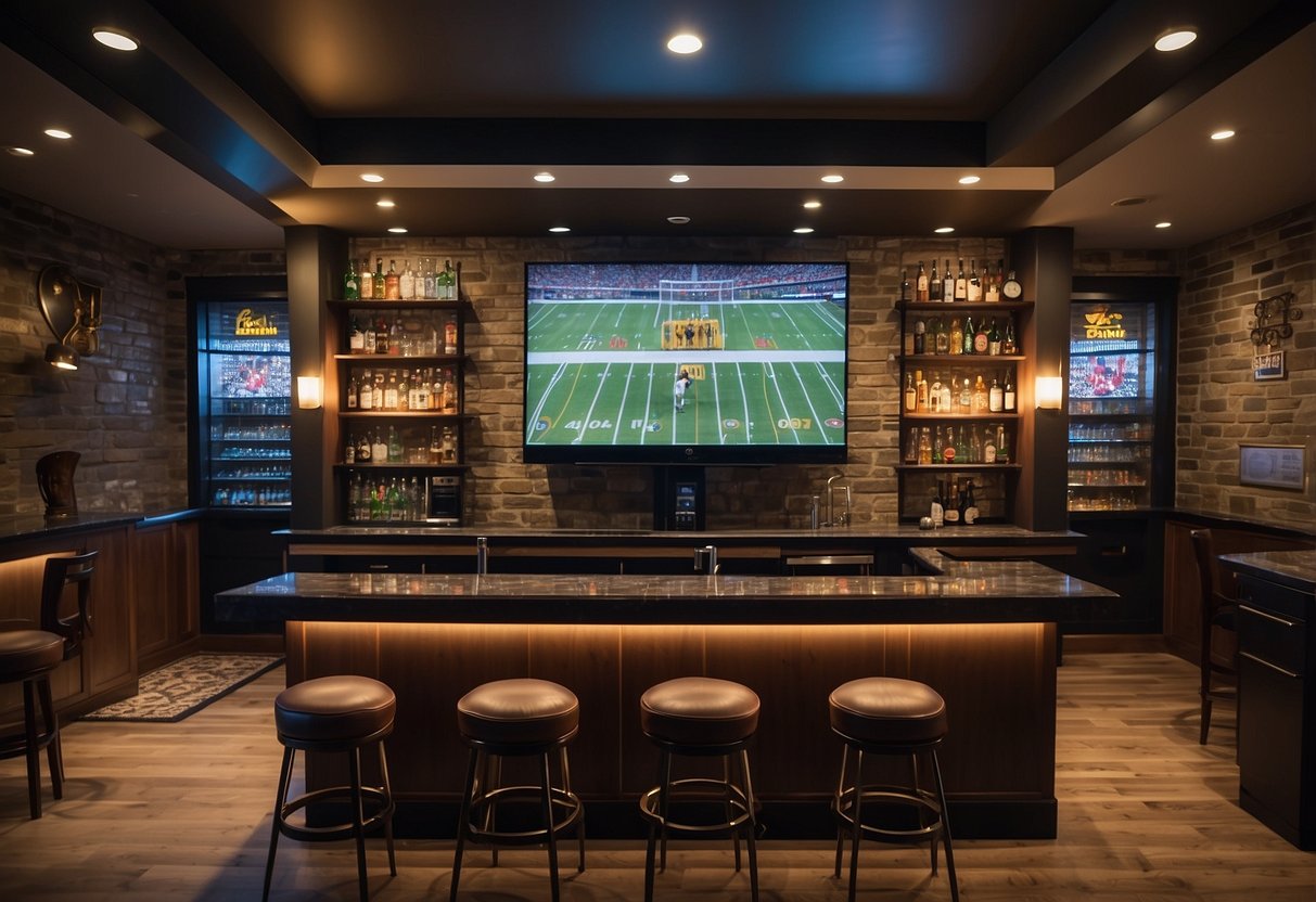 A home sports bar with a wall-mounted TV, shelves displaying sports memorabilia, a mini fridge stocked with drinks, and a bar counter with high stools