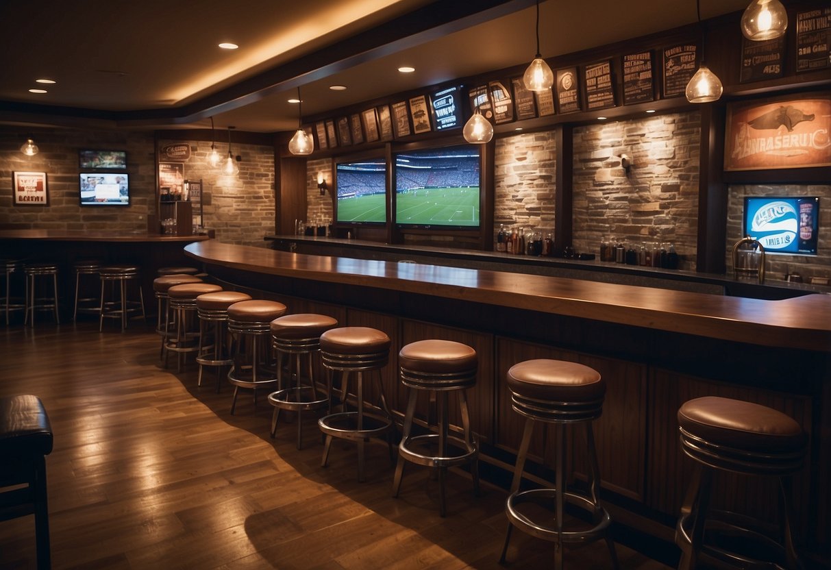 A sports bar wall adorned with jerseys, tickets, and autographed memorabilia. A row of vintage bar stools and a large screen TV complete the decor