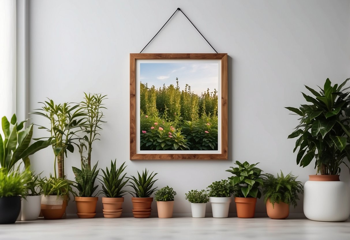 A square wooden frame with colorful geometric patterns hanging on a white wall, surrounded by potted plants and string lights