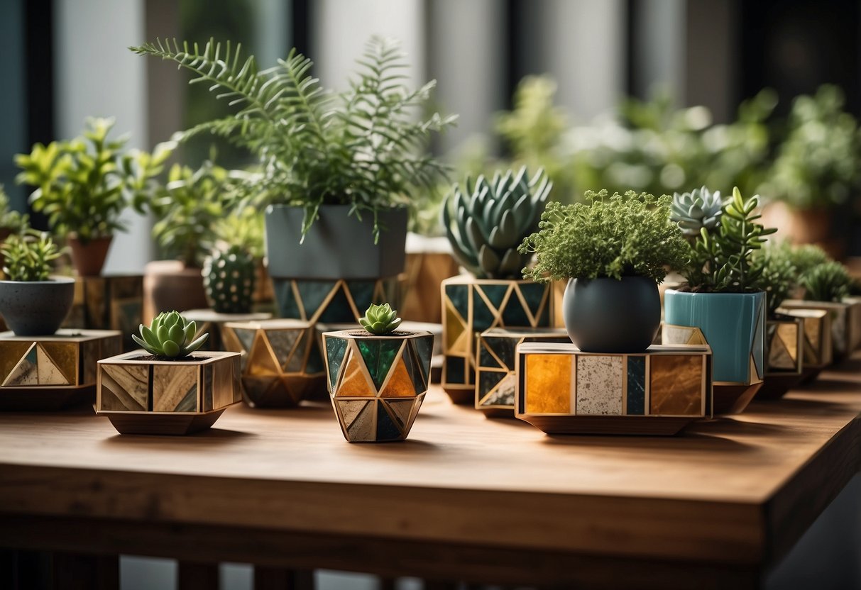 A table with various geometric plant holders in square shapes, arranged in a decorative pattern