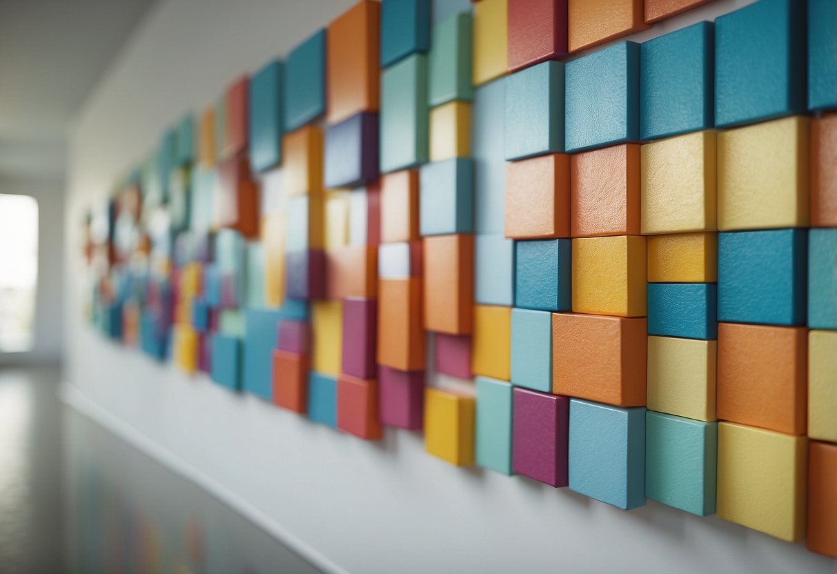 Brightly colored canvas squares arranged in a geometric pattern on a white wall. Each square is a different color, creating a vibrant and modern decoration