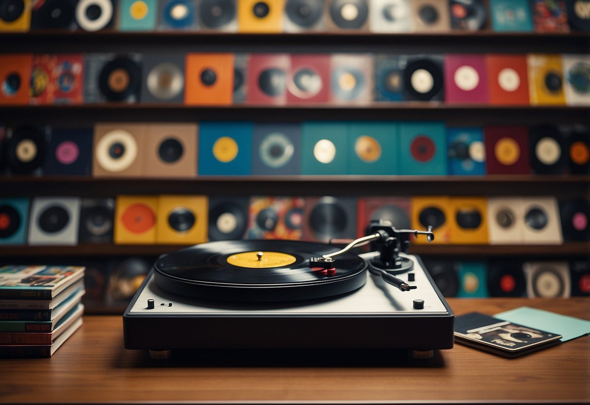 A retro vinyl record display featuring a wall-mounted grid of colorful record sleeves and vintage turntable on a patterned backdrop