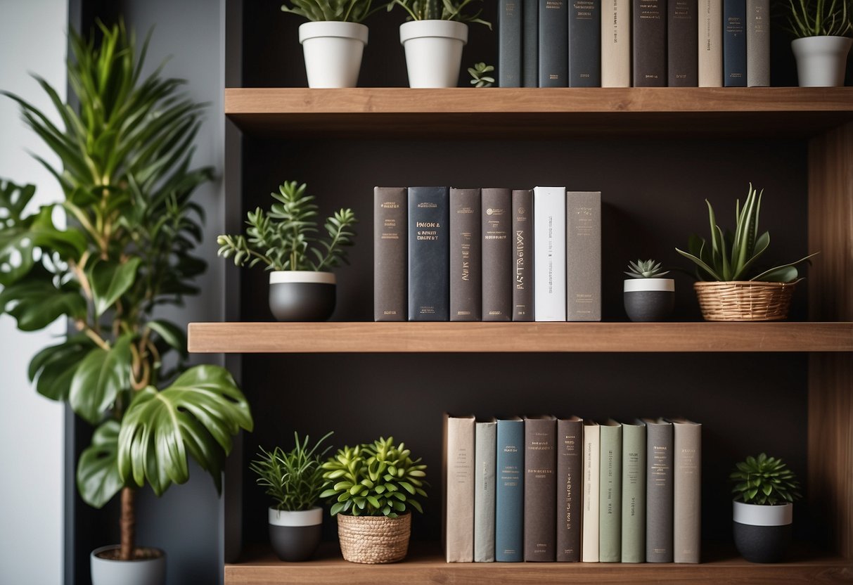 Wooden shelving units hold plants, books, and decorative items in a square arrangement