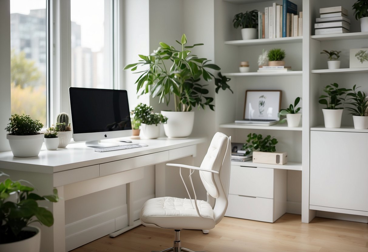 A bright, modern home office with white furniture, a sleek desk, ergonomic chair, and ample natural light. A laptop, potted plants, and minimalist decor complete the space