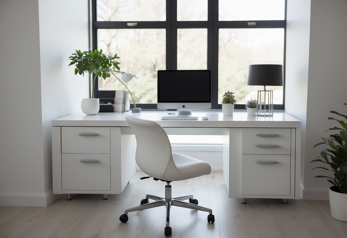 A clean, modern white L-shaped desk sits in a bright home office, surrounded by matching white furniture